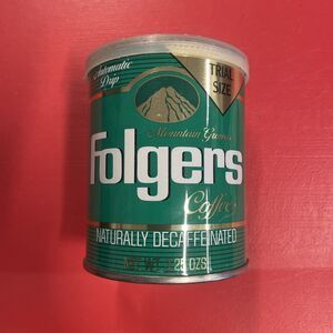 Vintage 1980’S Folger’s Coffee 5OZ Trial Size Metal Can With Lid Decaf Green